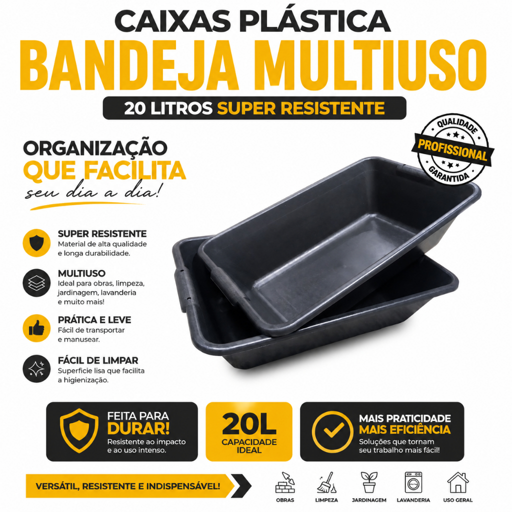 Caixas Plástica Bandeja Multiuso 20 Litros Super Resistente 2 Unidades
