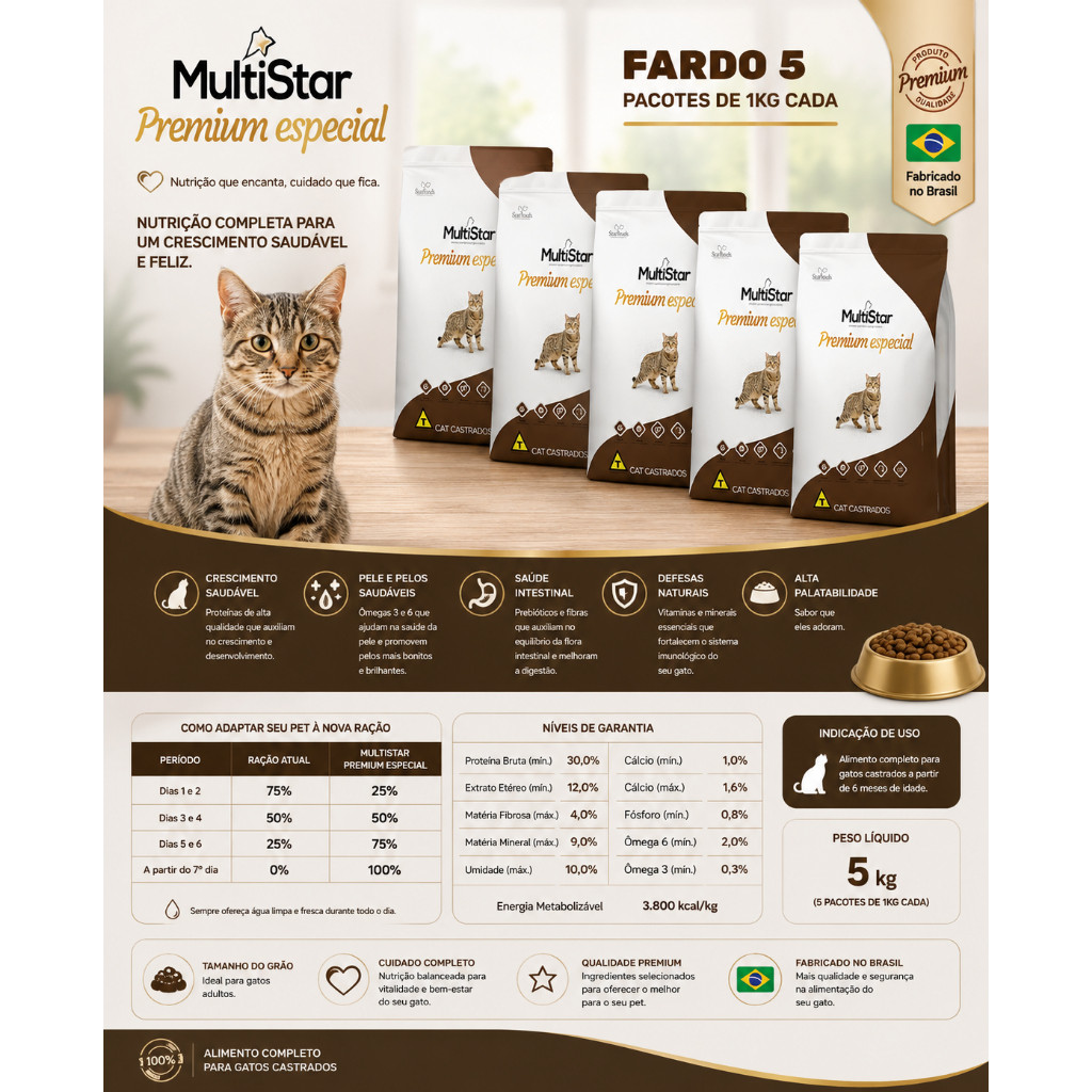 Ração Multi Star Cat Castrado Salmão 5pcts 1k Premium Especial sem corantes