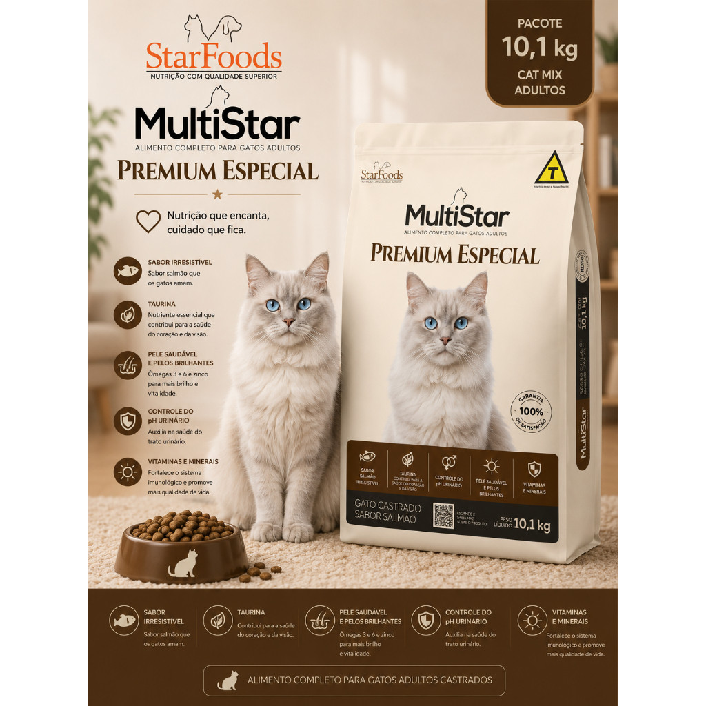 Ração Gatos Multi Star Cat Castrado Salmão - 10,1kg