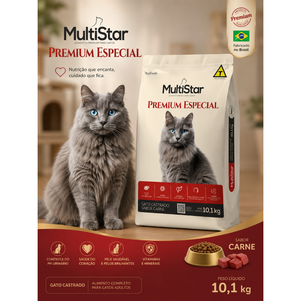 Ração para Gatos Multi Star Cat Castrados Carne - 10,1kg
