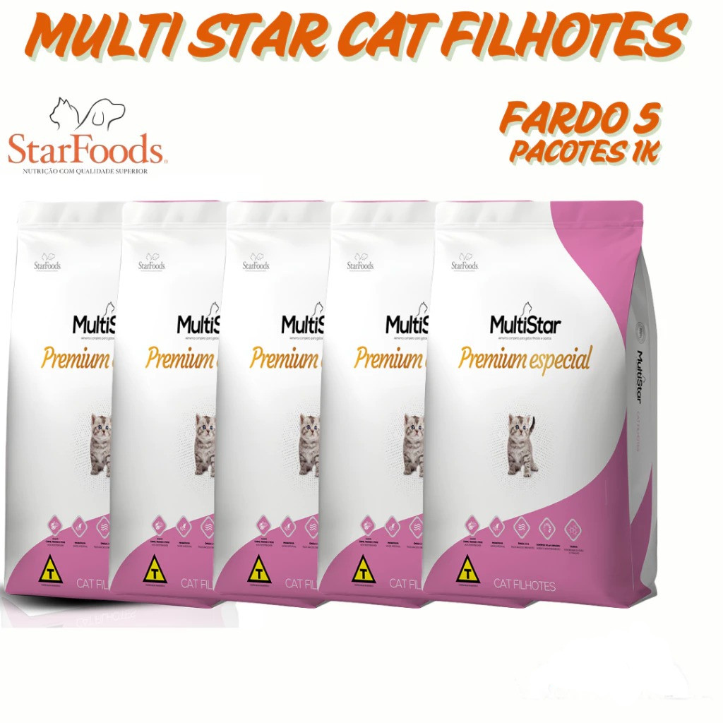 Ração Multi Star Cat Filhote Fardo 5pcts de 1k Premium Especial livre de corantes artificiais