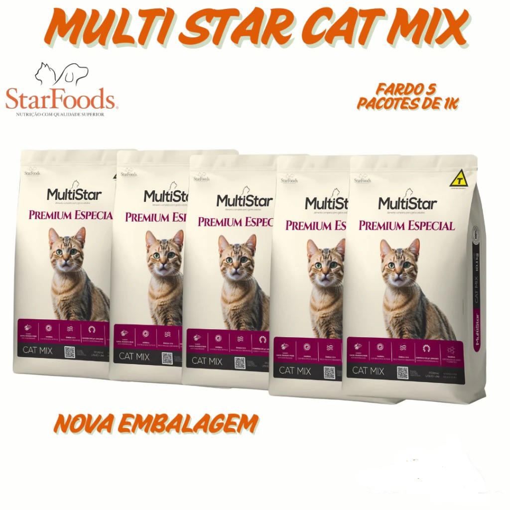 Ração Multi Star Cat Mix Fardo 5pcts de 1k Premium Especial sem corantes