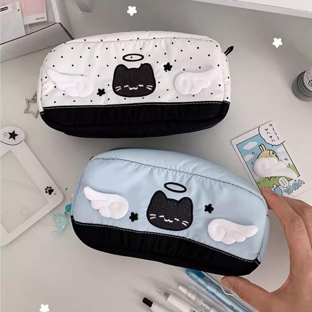 Kawaii 3D Angel Wing Black Cat Pencil Case Dot Print Bolsa De Caneta De Grande Capacidade Cute Cartoon Kitten Zipper Pap