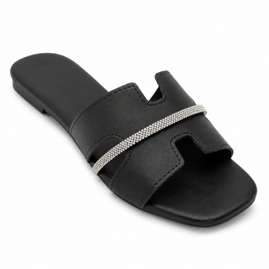 Sandália Rasteira Rasteirinha Feminina H Preta Strass Brilho Bico Quadrado Flat Slide Casual Dia a Dia