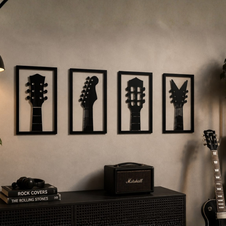 Kit 4 Quadros Guitarras Rock MDF 3mm Preto Vazado Decoração de Casa