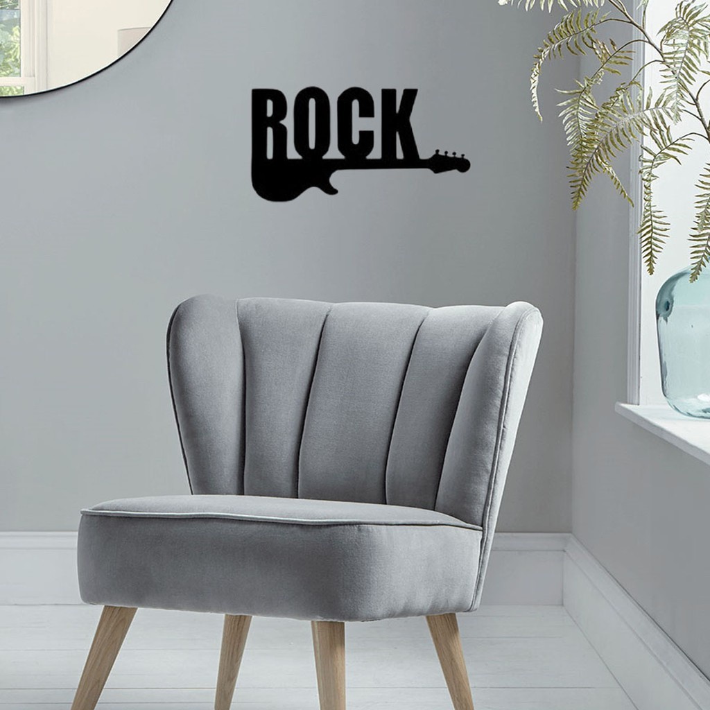 Aplique Vazado Quadro Palavra de Parede Decorativa Rock + Guitarra em MDF Preto