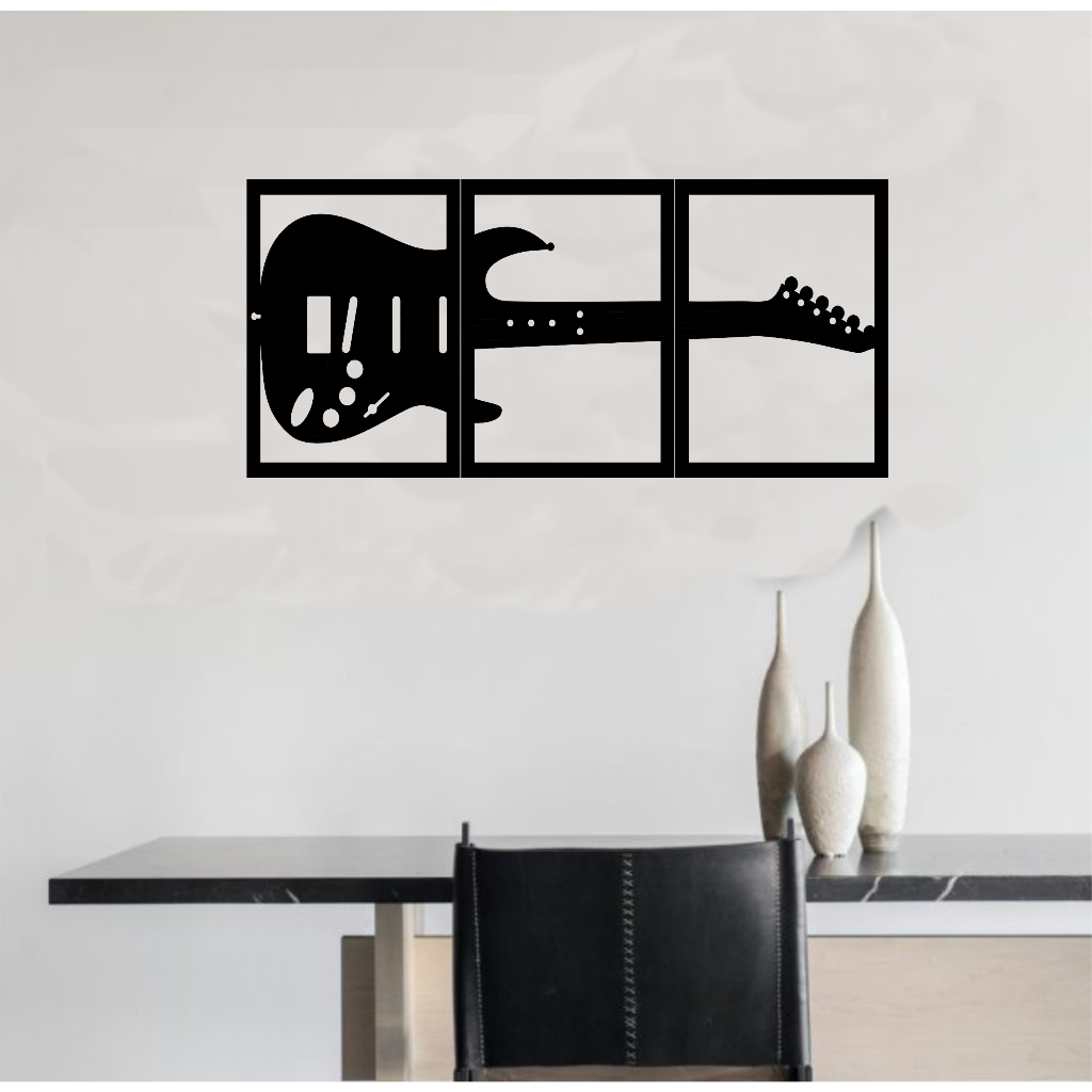 KIT 3 QUADROS GUITARRAS MDF PRETO ENFEITE ROCK MUSICA