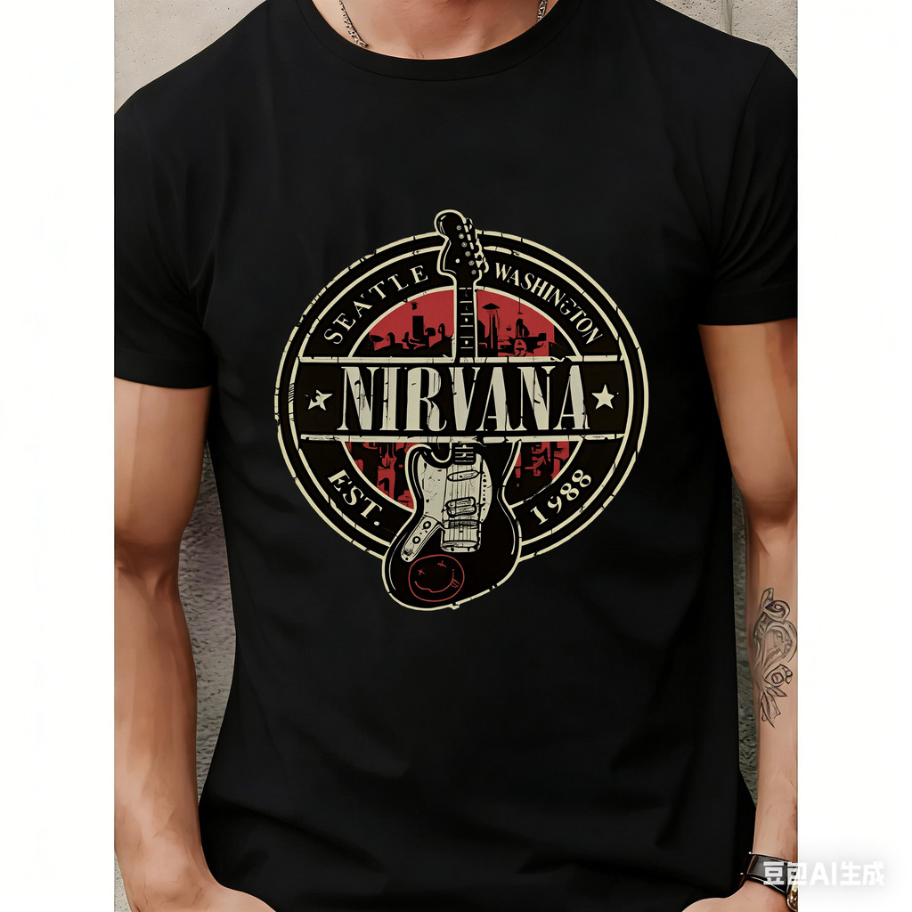 Camiseta Unissex Oversized Plus Size Feminina Masculina Patch Nirvana Guitarra Preto E Vermelho Estampa Vintage Rock Ban
