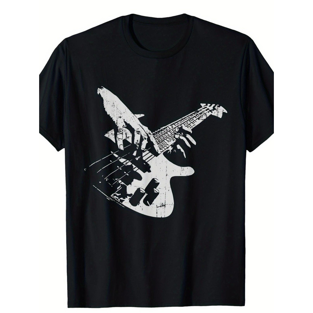 Camiseta Oversized 100% Algodão Retro Bass Guitar Graphic Soft Algodão Black Monochrome Confortável Moderna Estilosa Ver