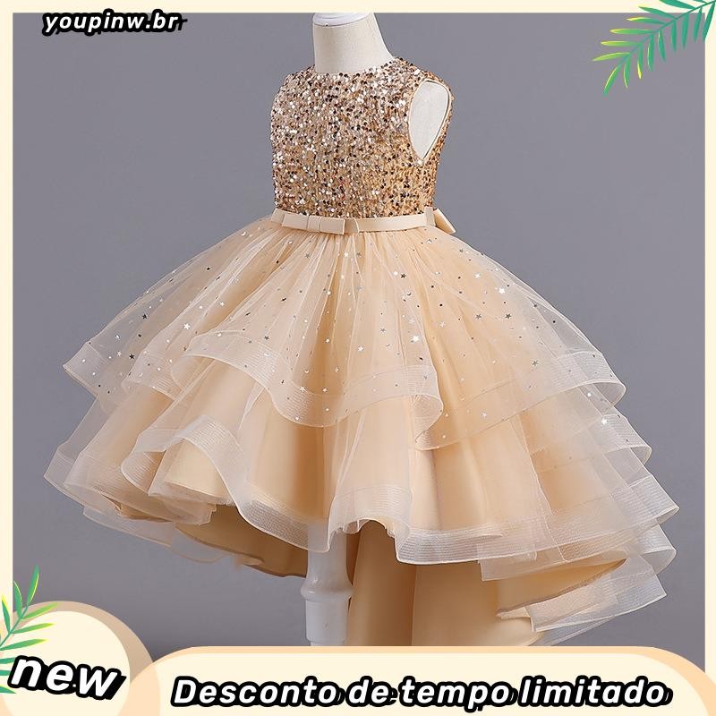 Meninas Princesas Lantejoulas Baby Solid Wedding Party Trailing Dress Crianças Juvenis Elegante Tank Top Performance Por