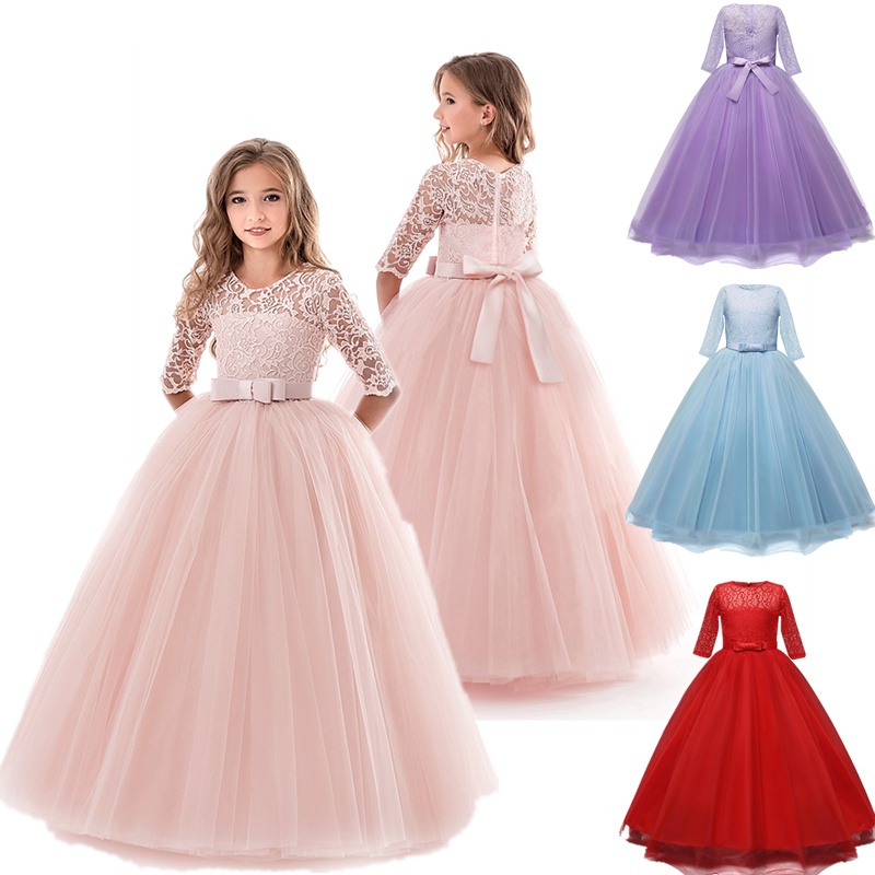 Girls Lace Flower Princess Wedding Dress Long Formal Gowns Girls Birthday Party Dress