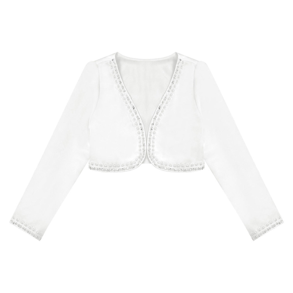 inhzoy Kids Girls Long Sleeve Open Front Bolero Pearls Sequins Beaded Shrug Cardigan Wedding Event Dress Accessories