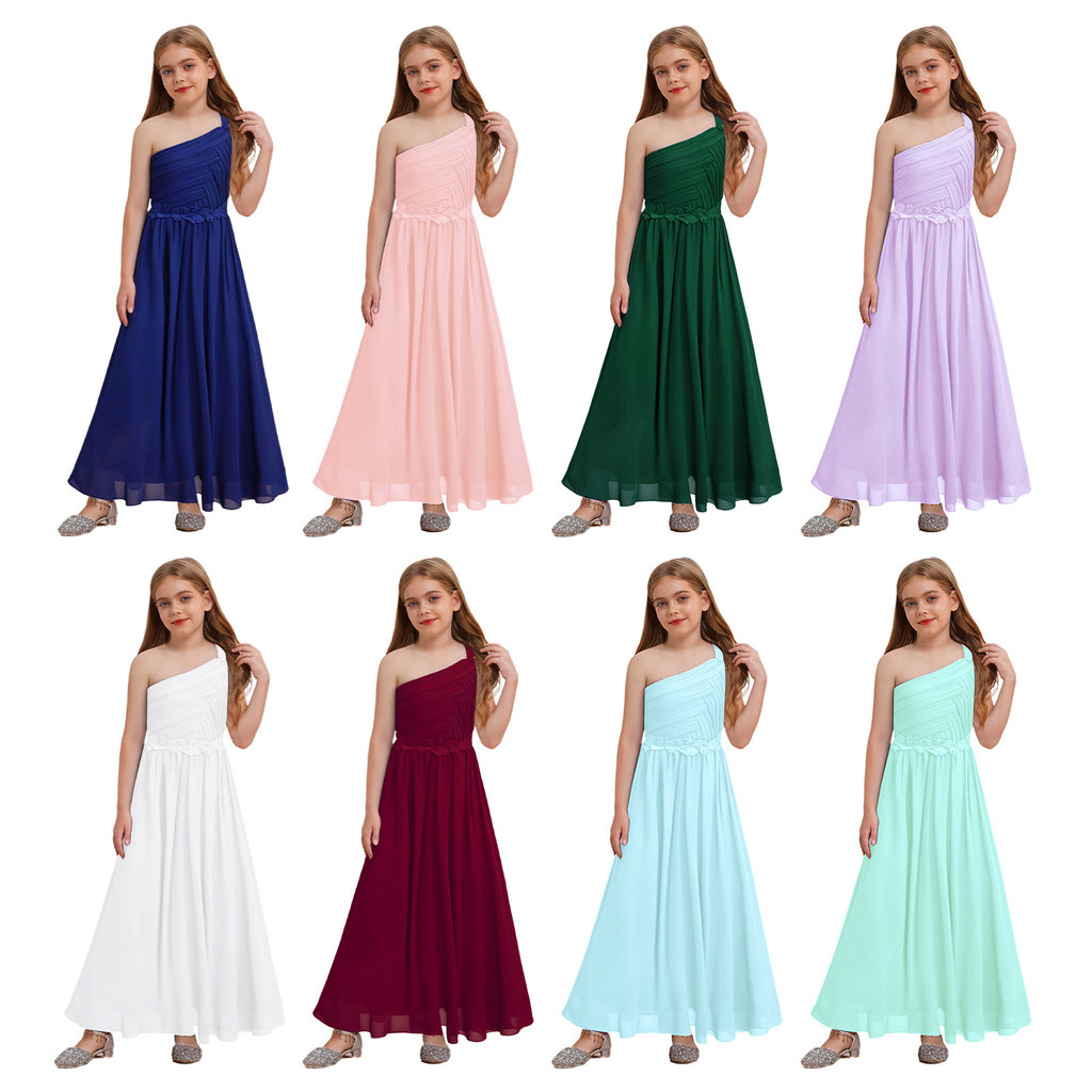 inhzoy Kids Girls Elegant One Shoulder Party Dress Guipure Lace Flattering Ruched Chiffon Maxi Dress for Wedding Evening