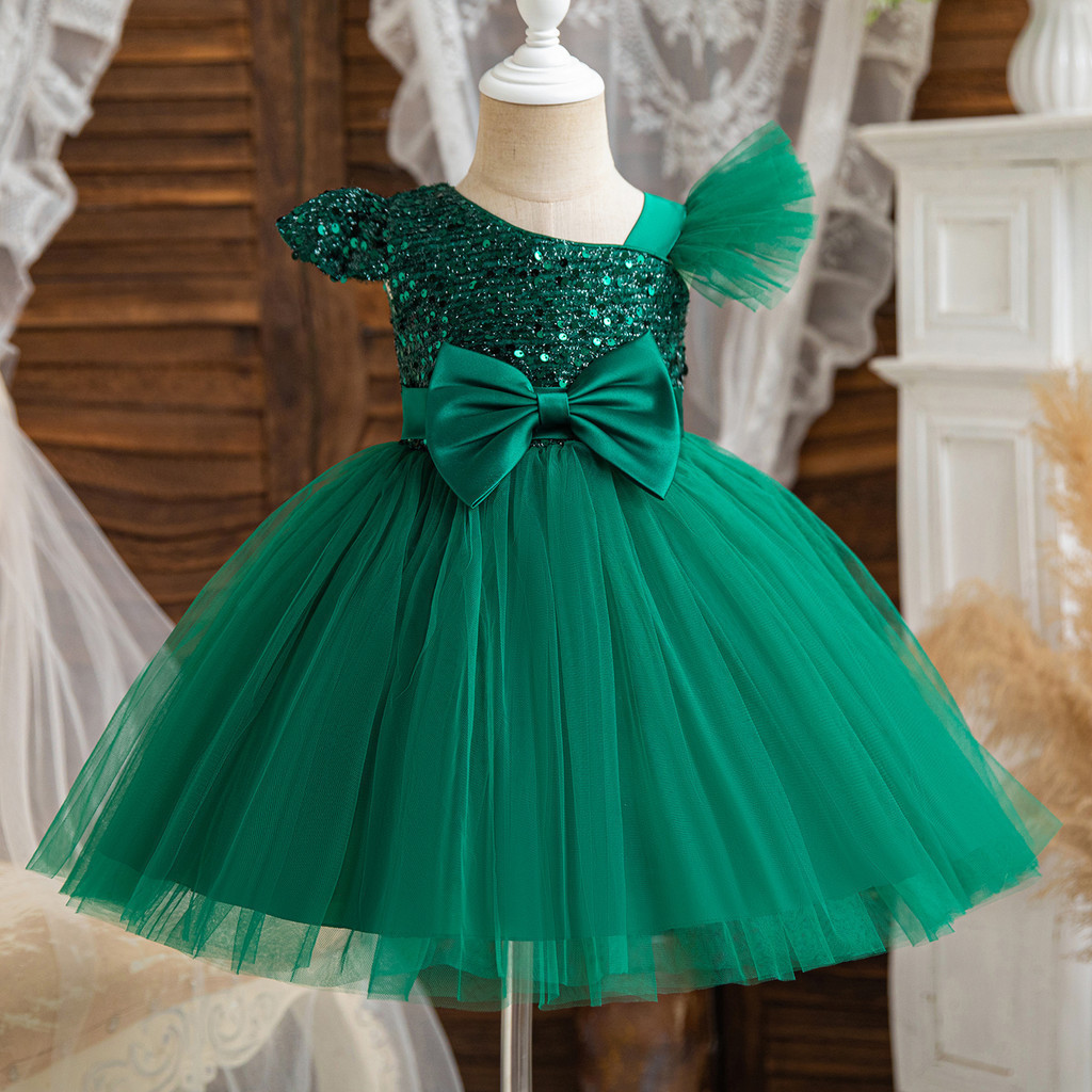 Toddler Baby Sequin Green Christmas Party Dresses Pink Baptism Wedding 1 Year Birthday Bow Princess Dress for Baby Girls