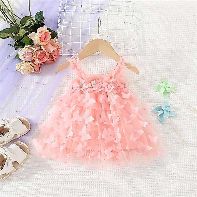 Summer New Pink Butterfly Baby Girl Princess Dress , Style Wedding Party Roupas Sem Mangas Para Crianças (3 Meses-3 Anos