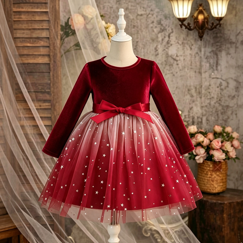 Dress for Girls 3-8Y Starry Tulle Dress Long Sleeves Velvet Shining Sequins Wedding Elegant Princess Evening Dress