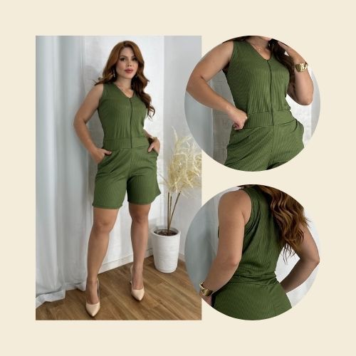Macaquinho Feminino Camiseta Com Bolso Zíper Frontal Malha Canelada Premium