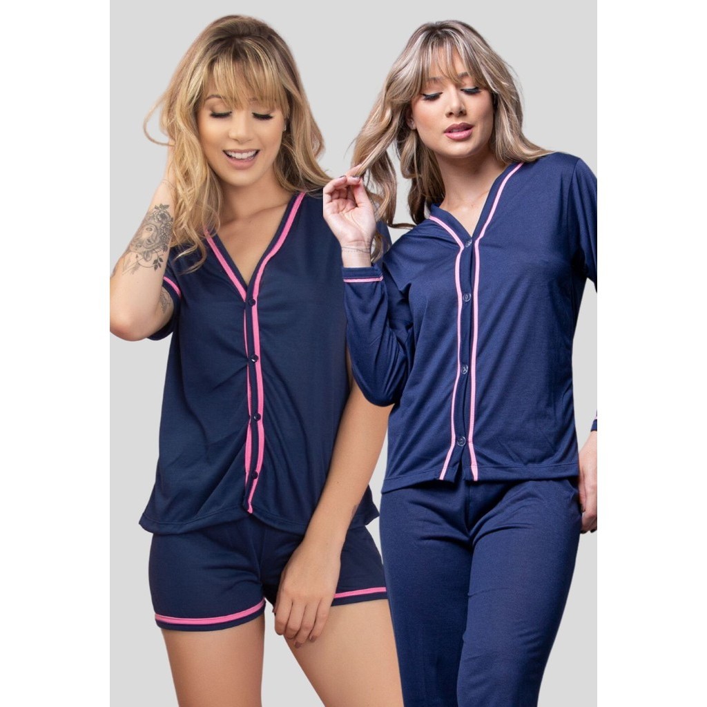 Kit 2 Pijamas Americano Liso Calça e Short Adulto Botões Abertura frontal Malha Premium Blogueira