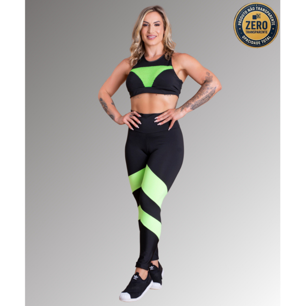 Conjunto Fitness Feminino Calça Legging Cintura Alta Trançada Perna E Top Nadador Com Tela Academia Treino RIQ Modas