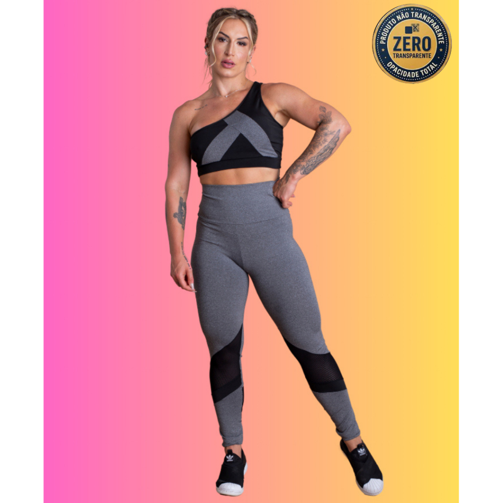 Conjunto Fitness Feminino Calça Legging Cintura Alta Detalhe Tela Perna E Top Faixa Ombro Só Academia ZERO TRANSPARÊNCIA