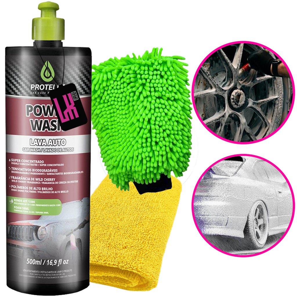 Kit Lavagem Protelim Power Wash Shampoo Automotivo Neutro Lava Carro Moto Espuma Luva Toalha Secagem