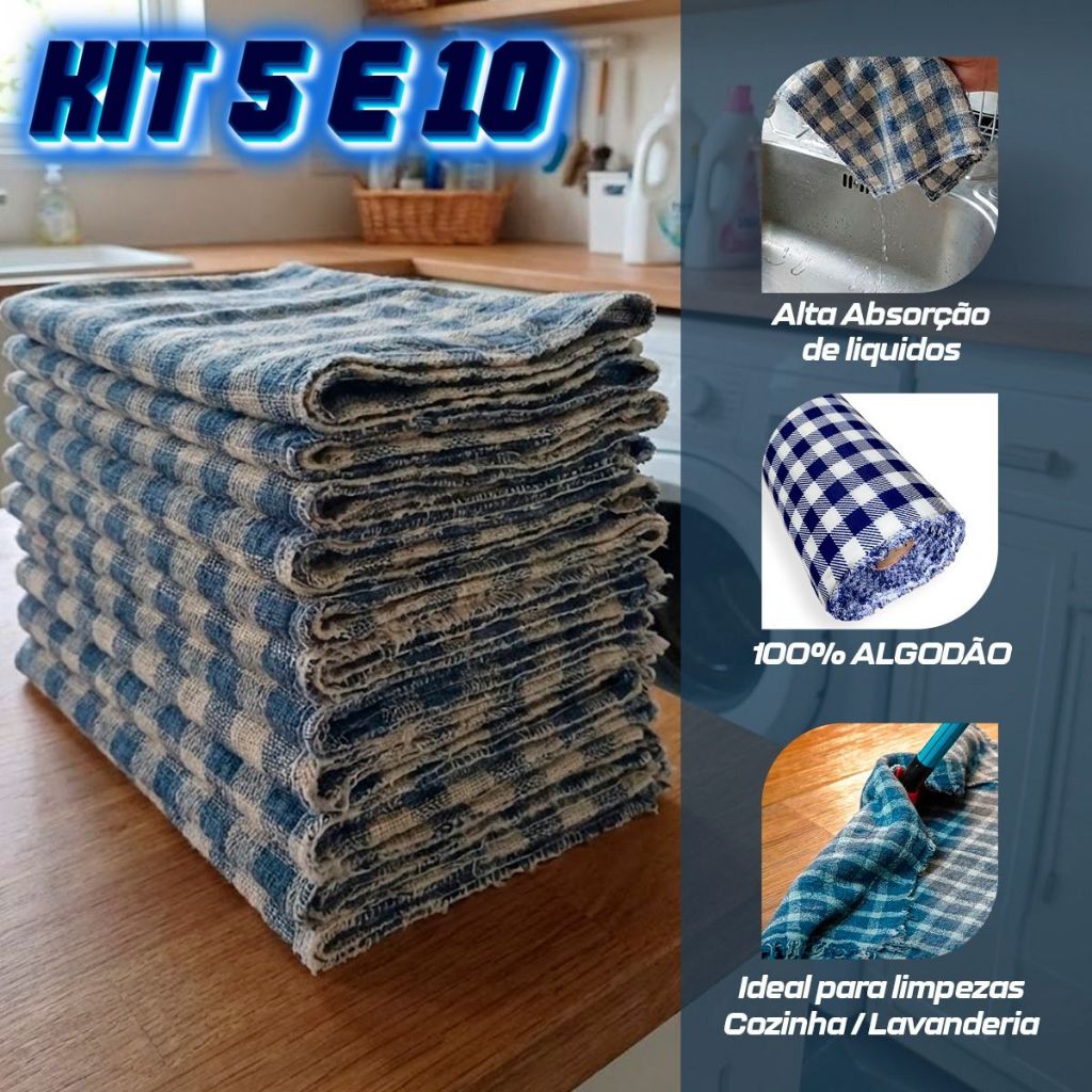 Pano Limpeza Xadrez 100% Algodão 50x70 Kit 5/10 Unid Alta Absorção Resistente Louça Secagem Rápida