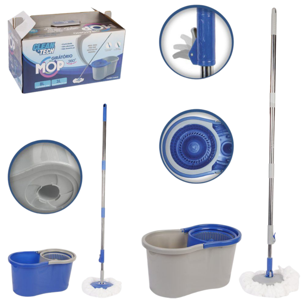 Mop Giratório 360º com Balde Duplo Limpeza Higiênico Limpar Chão Lavagem Secagem Piso Cerâmica Porcelanato Sortido