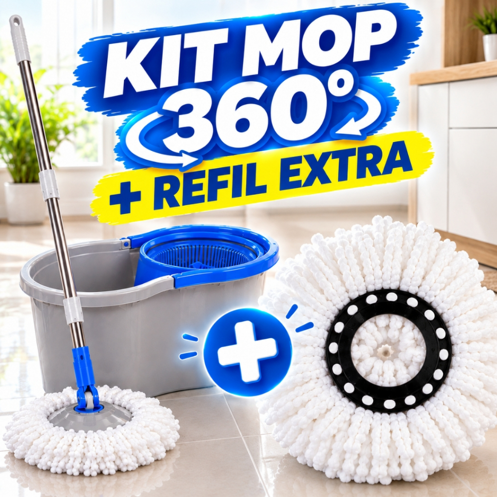 Kit Mop Giratório esfregão limpeza 360º com Balde Duplo + Refil Extra Microfibra 8L