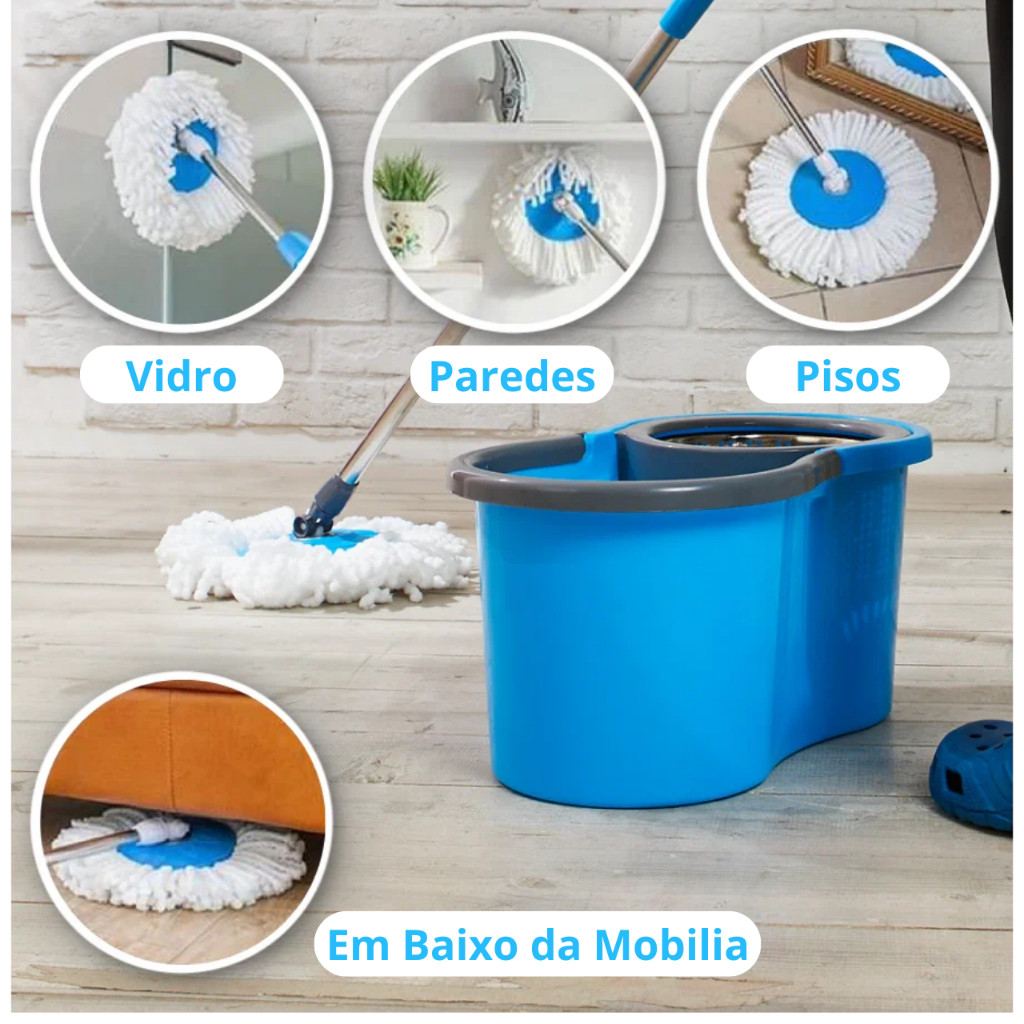 Mop Giratório 360 Esfregão Balde Duplo Limpeza Piso Resistência Faxina Secagem Rápida Casa 8 Litros