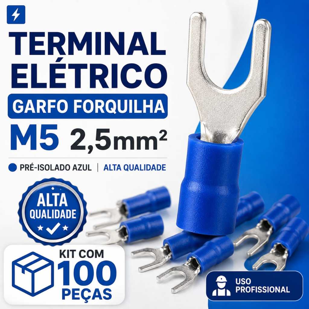 Terminal Elétrico Tipo Garfo Forquilha 2,5mm M5 Pré-Isolado – Conector Crimpagem para Cabos – Kit com 100 Peças