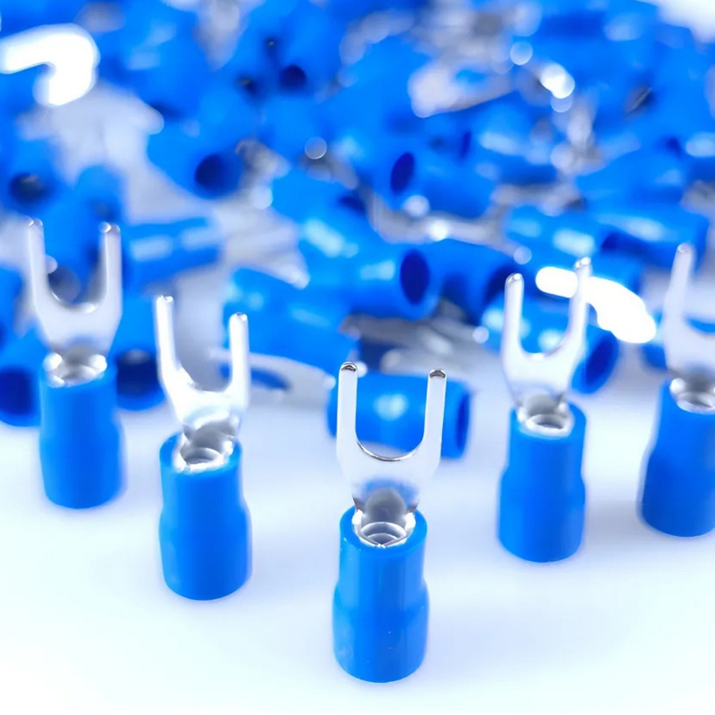 Kit Terminais Tipo Forquilha Garfo Pré Isolado 1,5 A 2,5mm Azul furo M4 Garfinho