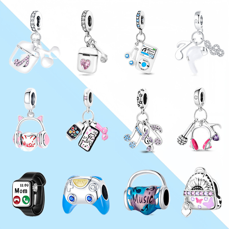 BerloqueS925 pulseira de prata esterlina charme música fone de ouvido moda contas pulseira compatível jóias DIY