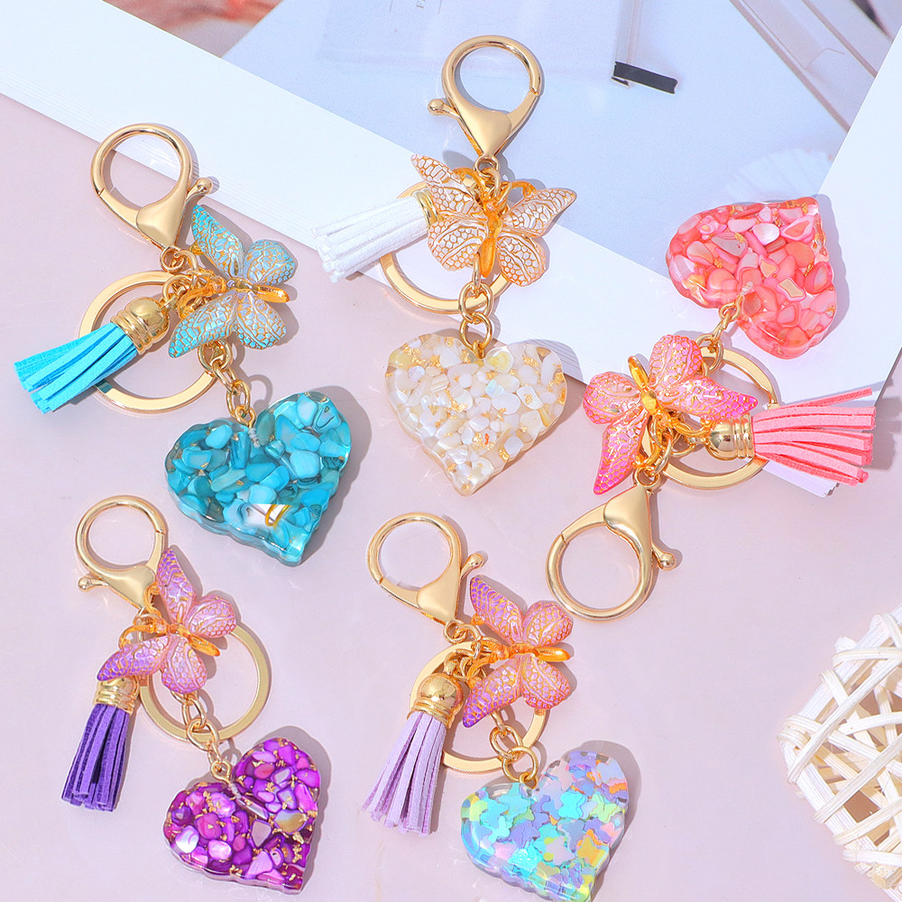 Moda Amor Coração Resina Chaveiro Bonito Borboleta Borla Pingentes Chaveiros Para Bolsa Fone De Ouvido Caso Ornamentos
