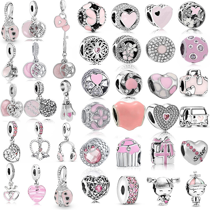 Berloques De Prata 925 Clássico Charme Série Rosa Pulseira Acessórios Love Beetle Earphone Colar Pingente