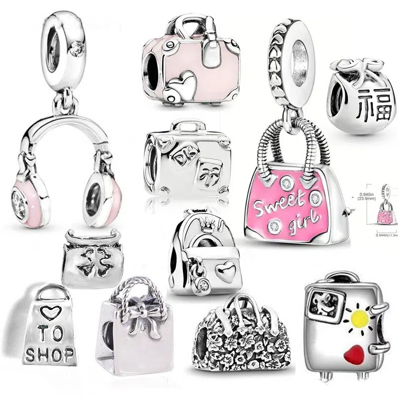 Berloques de Prata 925 Charme Saco Rosa Pulseira Acessórios Fones de Ouvido Bagagem Colar Pingente DIY Festival Gift