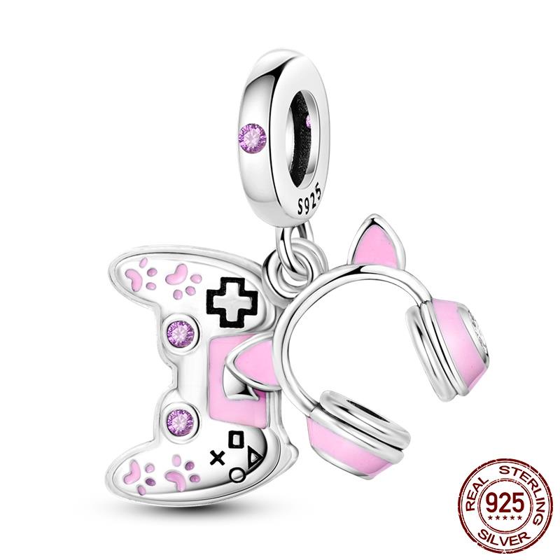 925 Sterling Silver Pink Lady Game Console Fone De Ouvido Pata De Gato Prata Cor Charme Adaptado Original Pulseira Pingente Colar Presente Para Menina Contas Joias