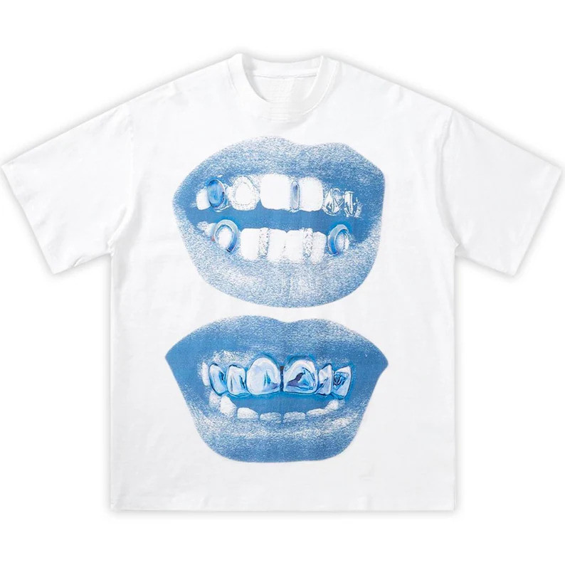 [Camiseta Premium em Algodão Puro]TT Blue Lips Grillz Graphic Boxy T-Shirt, oversized, graphic, t-shirt, streetwear, y2k