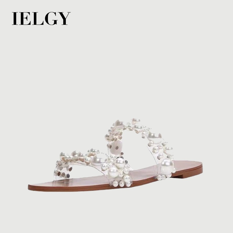 IELGY Feminino Estilo Coreano plus size Pérola Chinelos Planos De Uma Palavra