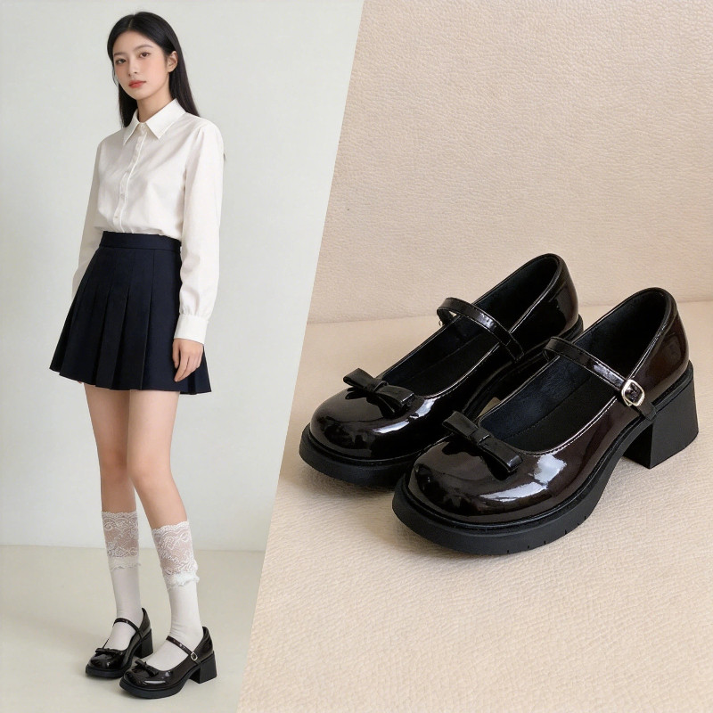 Sapato Mary Jane Plus Size 41-45 Sintético Laço Salto Bico Tira Festa Preppy JK Saia Meia Preto Vinho Marrom Boa 44 43