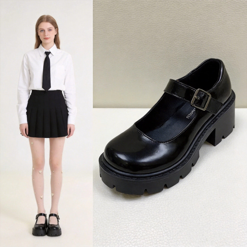 Sapato Mary Jane Plus Size 41-43, Salto Bloco Solado, Bico Tira Fivela, Preppy JK Lolita Festa, Saia Meia, Preto Branco