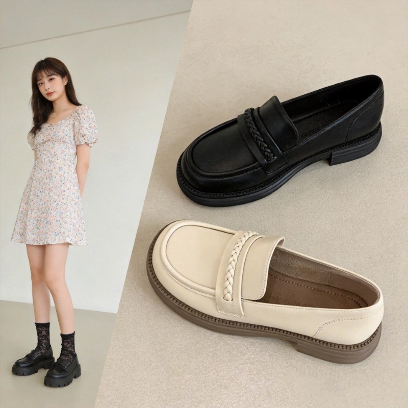 Mocassim Feminino Plus Size 41 42 43 Bico Redondo Couro Sintetico Salto Baixo Preppy Pe Largo Peito Alto Preto Bege