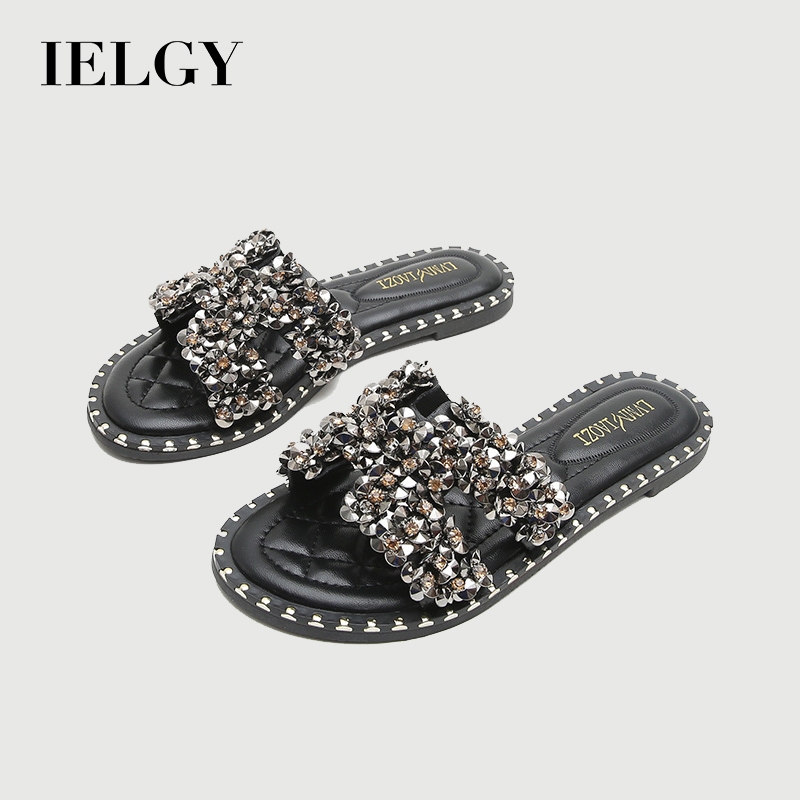IELGY 2026 Novos Chinelos De Strass Femininos Planos Moda Praia Plus Size
