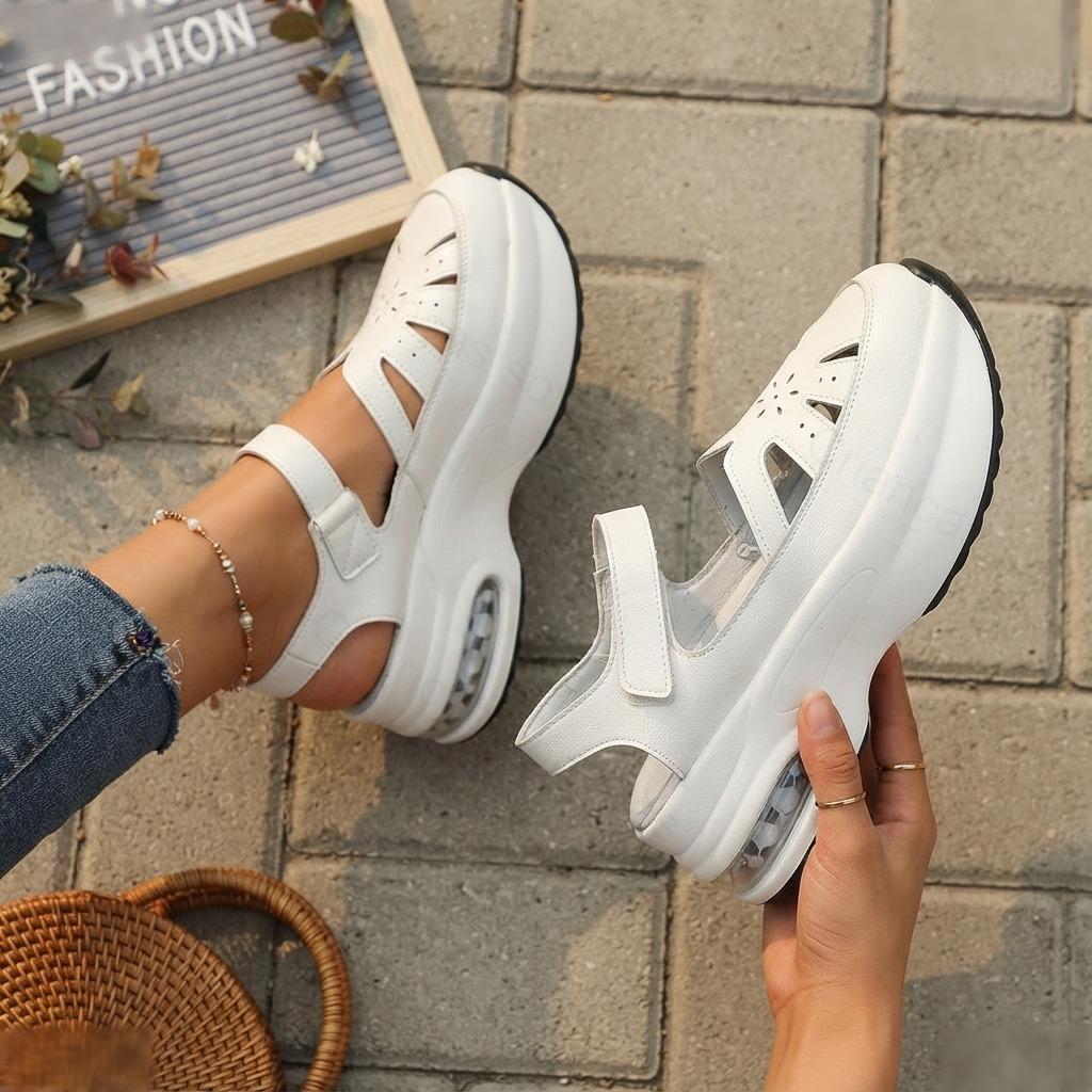 Senhoras sandálias de sola grossa almofada de ar tênis Velcro Baotou oco Design verão Casual Plus Size sapatos femininos