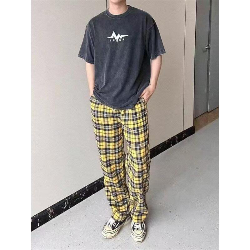 Street Wear americano amarelo xadrez calças masculinas cleanfit primavera outono diário Casual solto em linha reta Sweat