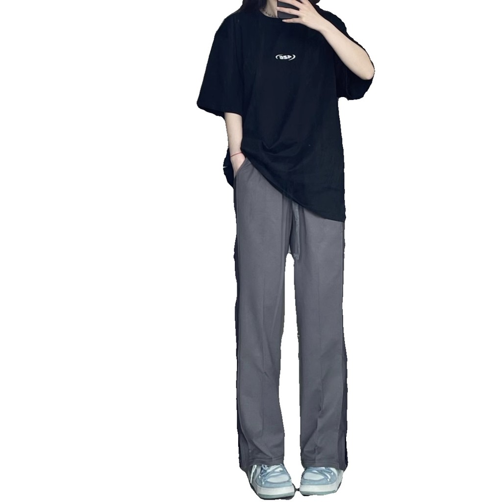 Calças esportivas casuais calças divididas primavera outono novo estilo Drape mais magro olhar solto em linha reta Sweat