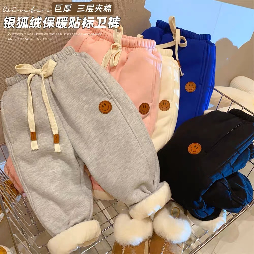 2026 inverno novo estilo meninas sweatpants gigante grosso uma peça inverno crianças forro de lã engrossado quente sweat