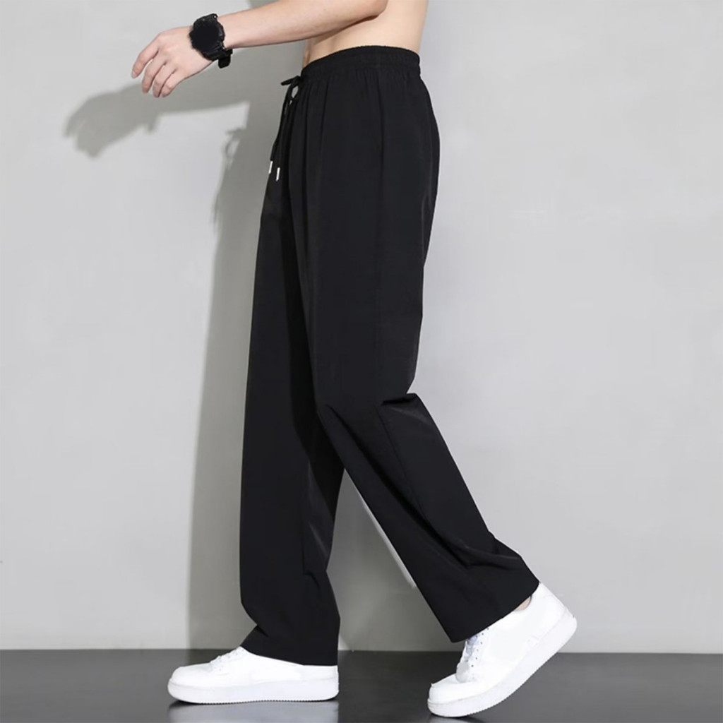 Men Casual Panmts Solid Color Pants Men's Ice Silk Quick-dry Jogger Elastic Waist Drawstring Slim Fit Gym Training Sweat