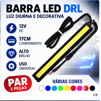 Par Barra LED DRL 17cm 12V Farol Auxiliar Luz Diurna Carro Moto Várias Cores