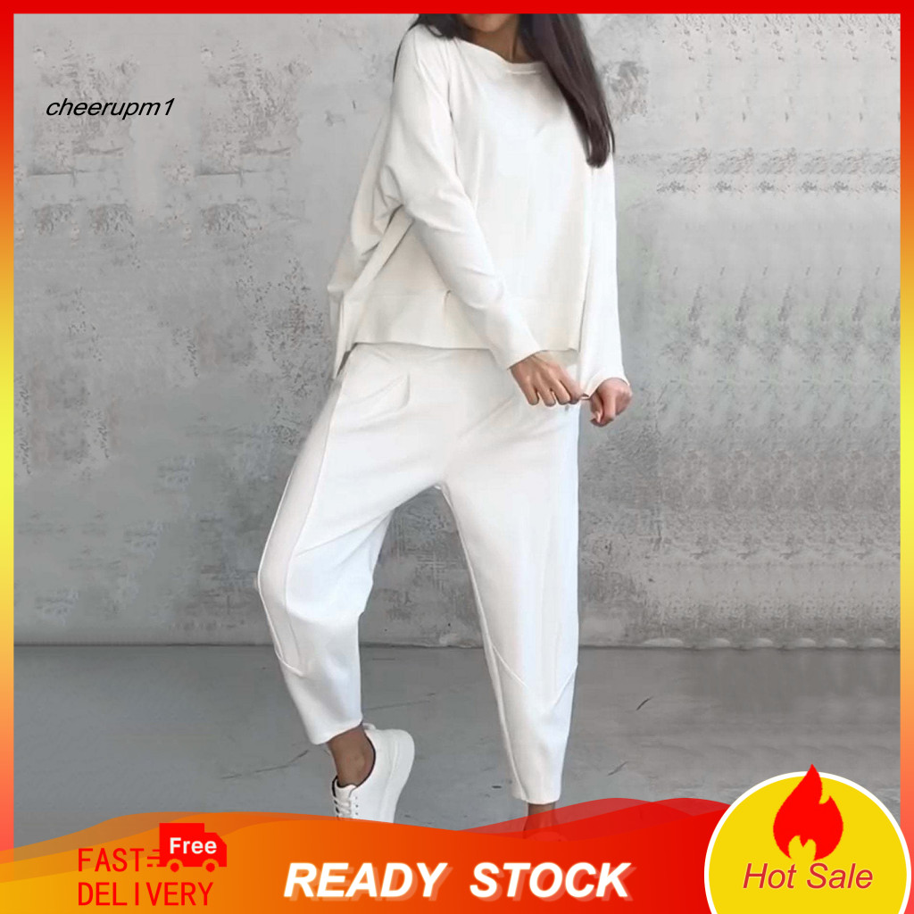 Women Suit Set Casual Two-piece Outfit 2 Pcs Tracksuit Round Neck Long Sleeve Sweatshirt Elastic Waist Drawstring Pants