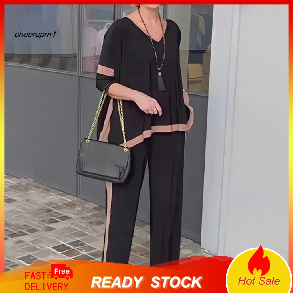 Women Loose Fit Suit Two-piece 2 Pcs Tracksuit Set V Neck Sweatshirt Elastic Waist Wide Leg Pants Sport Outfit Autumn Th